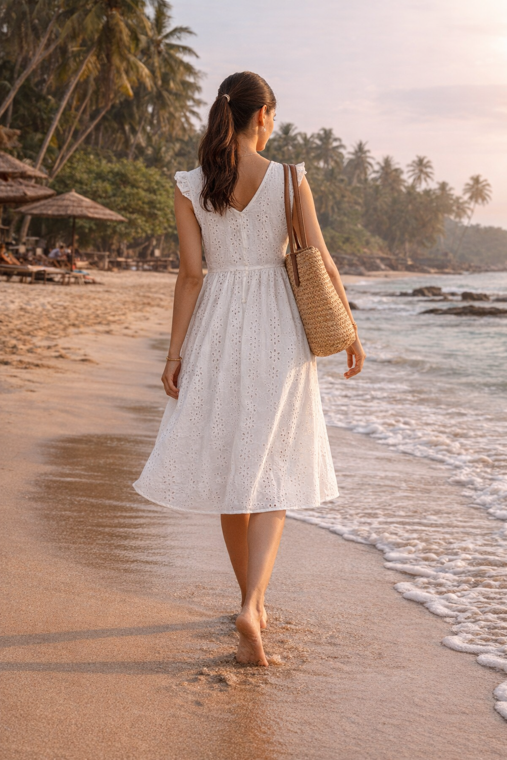 Women's White Cotton Eyelet Dress | Elegant Summer A-Line Midi Dress
