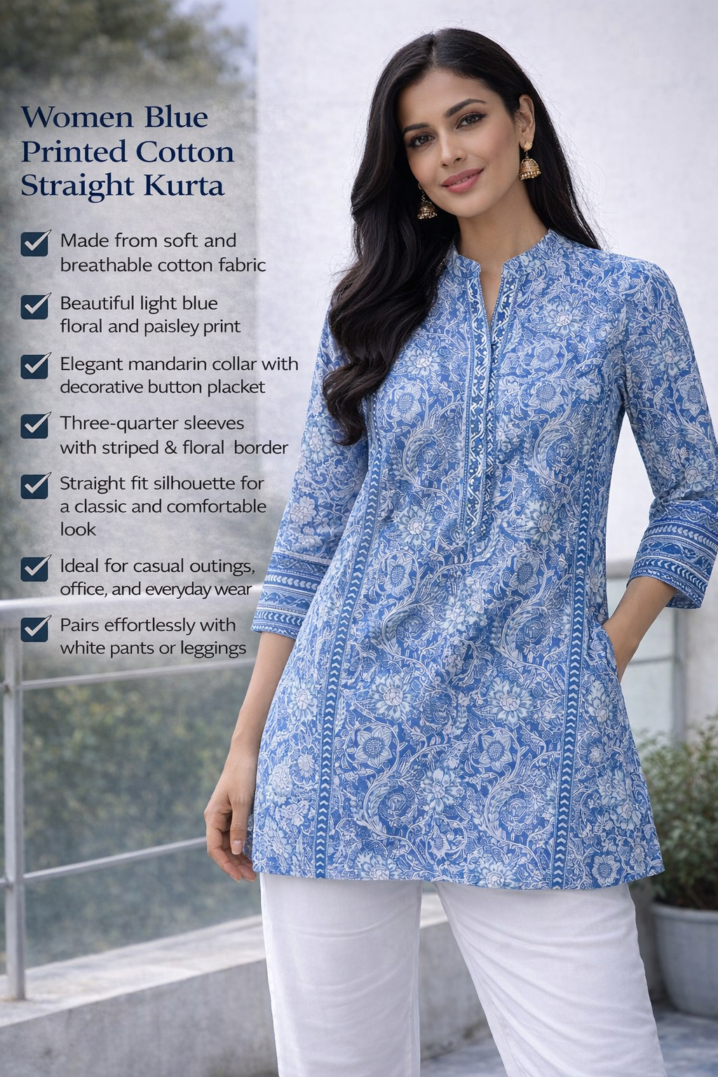 Women Blue Printed Cotton Straight Kurti