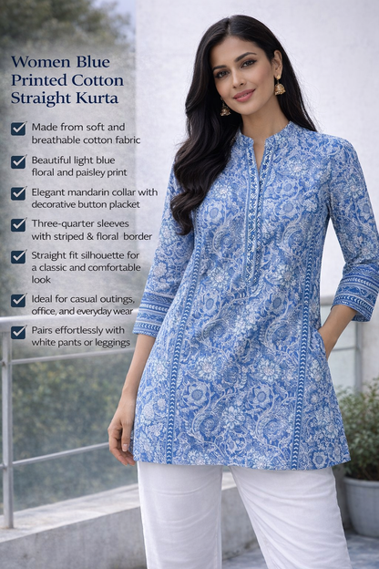 Women Blue Printed Cotton Straight Kurti