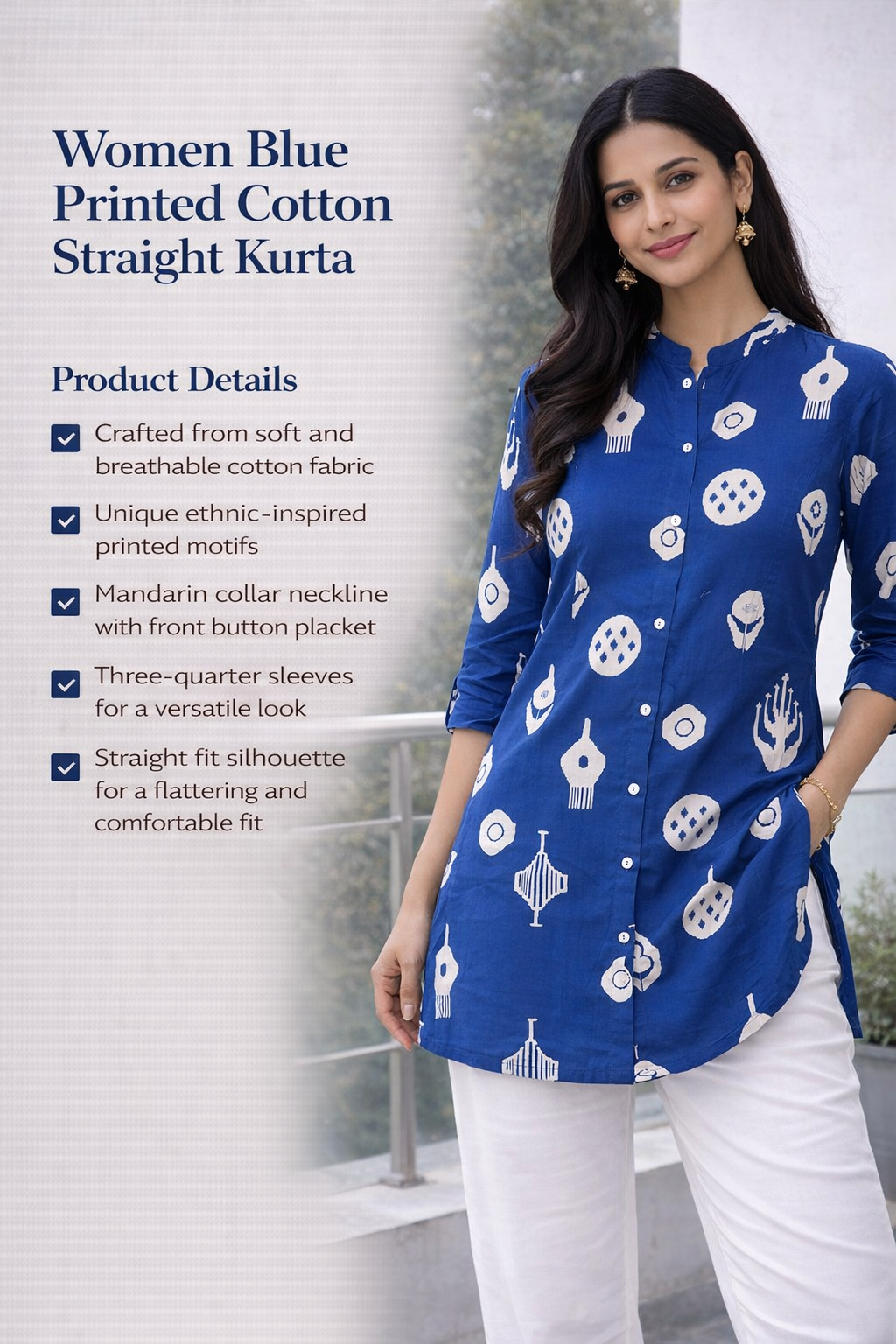 Women Blue Printed Cotton Straight Kurta