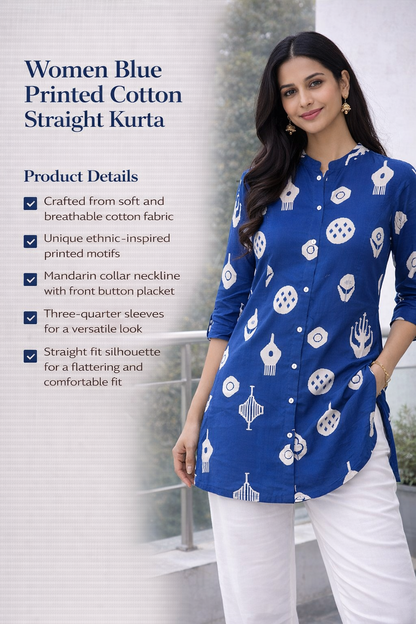 Women Blue Printed Cotton Straight Kurta