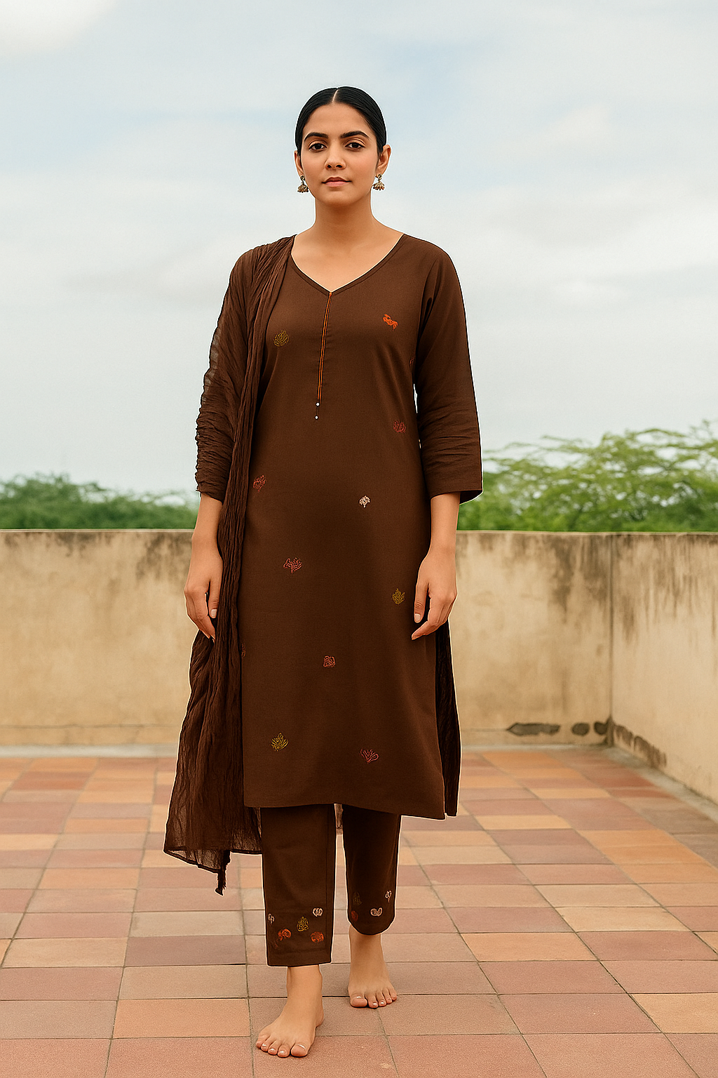 Chocolate Brown Cotton Embroidered Kurti Set for Women with Dupatta – Elegant 3-Piece Ethnic Wear
