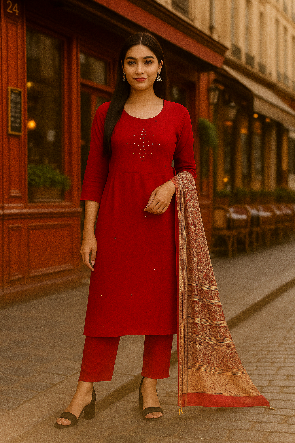 Red Khadi Mirror Work Kurti Set with Printed Dupatta – Elegant Festive Wear for Women