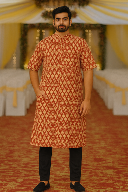 Men’s Cotton Knee-Length Kurta with Pockets – Hand Block Printed Rust Red Leaf Pattern | Natural Fab