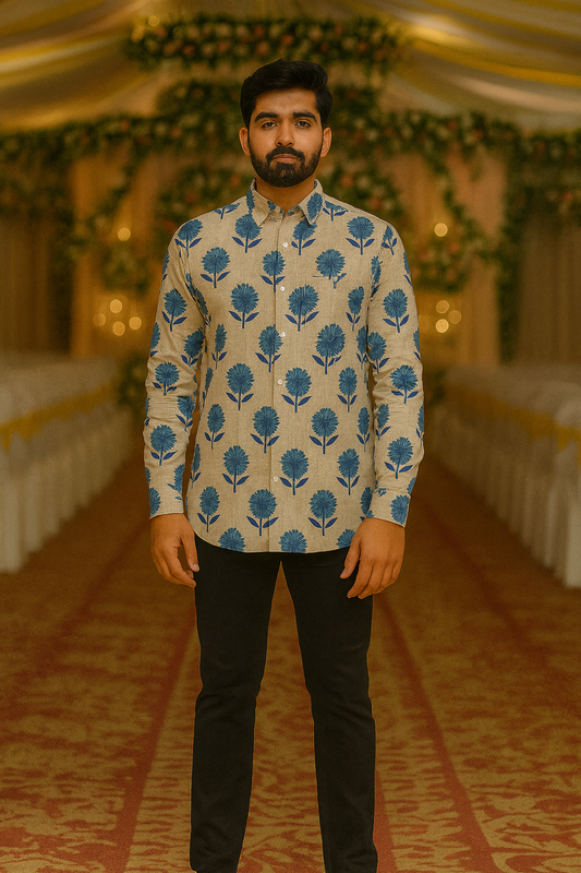 Men’s Pure Cotton Printed Shirt – Blue Floral Hand Block Print on Beige | Full Sleeves | Natural Fab