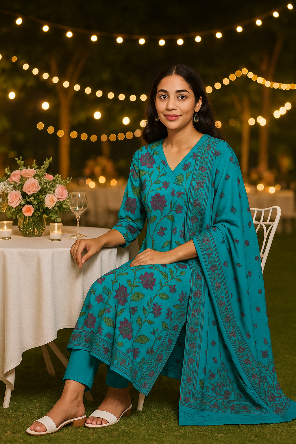 Turquoise Floral Printed Cotton Kurti Set with Dupatta – Elegant Ethnic Wear for Women | Natural Fab