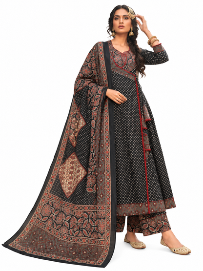 Natural Fab Women’s Black Ajrakh-Inspired Printed Anarkali Kurti Set with Dupatta & Pants | Festive 3-Piece Ethnic Suit