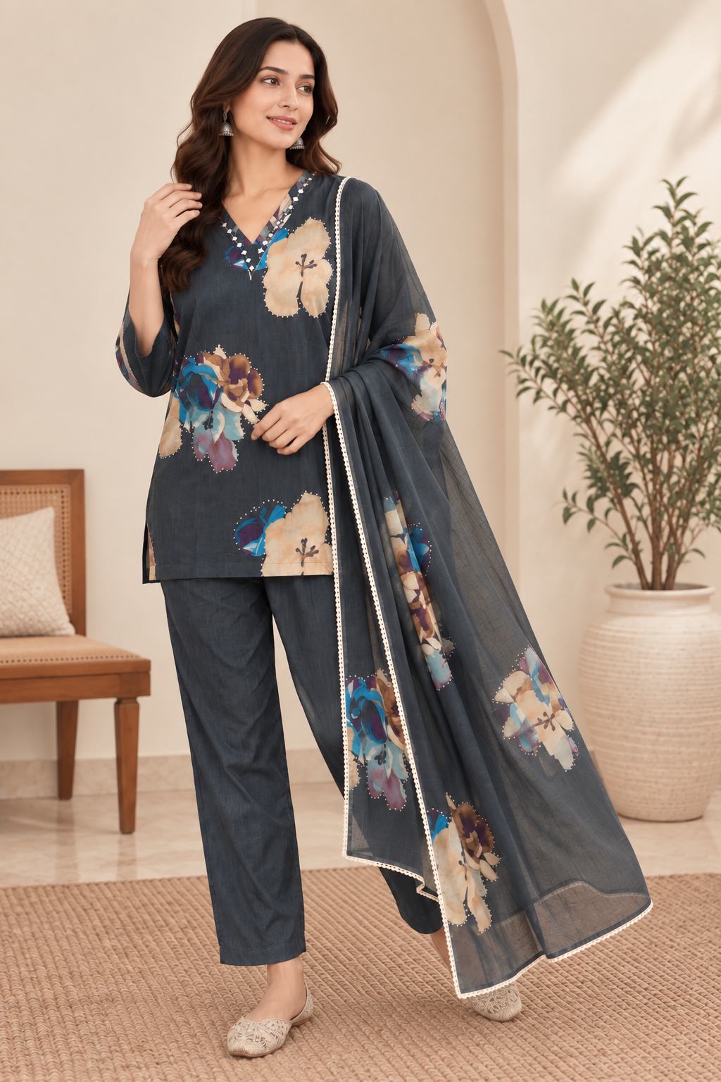 Natural Fab Women’s Charcoal Grey Floral Printed Kurti Pant Set with Matching Dupatta | 3-Piece Ethnic Set