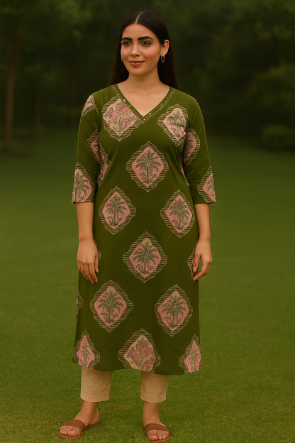 Olive Green Cotton Kurti with Pink Floral Motifs for Everyday Wear – Natural Fab
