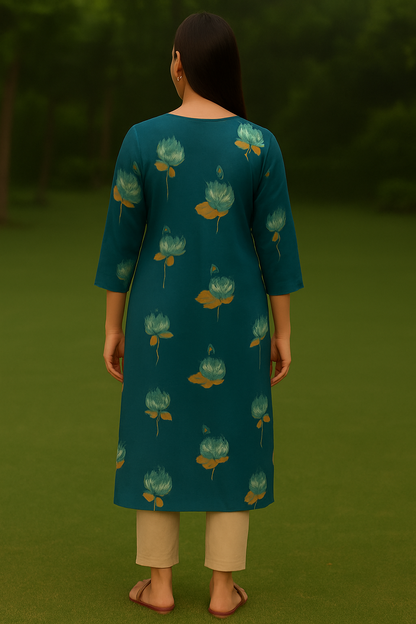 Teal Blue Cotton Kurti with Lotus Print for Everyday Wear – Natural Fab