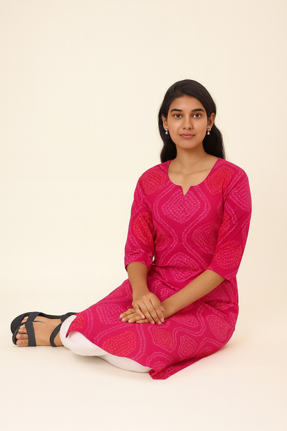 Bright Pink Cotton Printed Kurti for Women – Elegant Daily & Office Wear