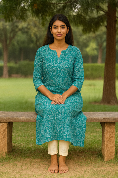 Teal Blue Cotton Printed Kurti for Women – Elegant Floral Ethnic Daily Wear