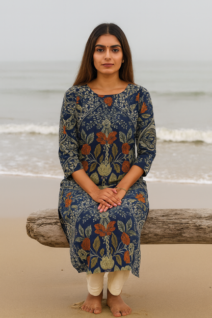 Navy Blue Cotton Floral Printed Kurti for Women – Elegant Ethnic Daily & Office Wear