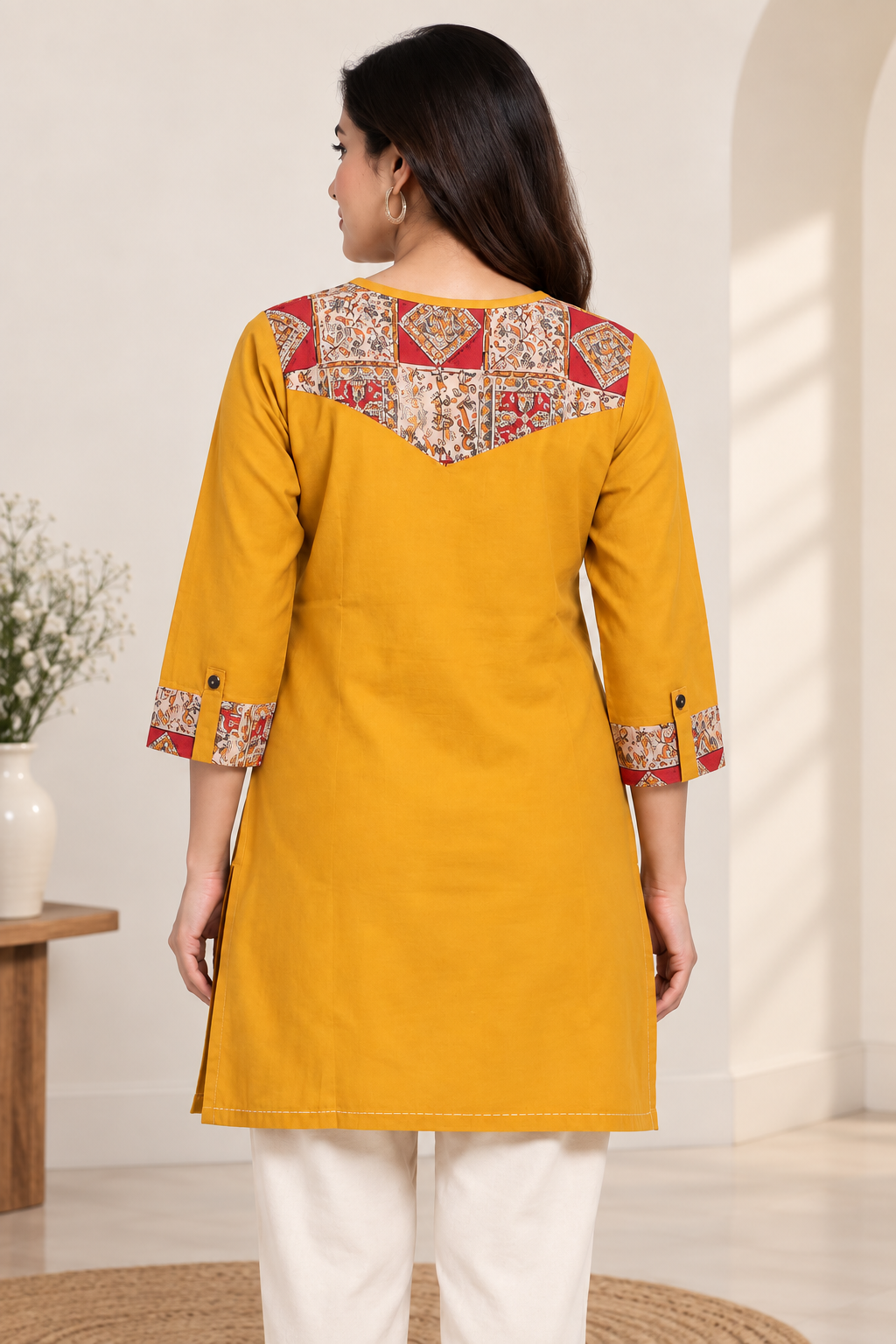 Natural Fab Women’s Mustard Yellow 100% Cotton Short Kurti with Printed Yoke & 3/4 Sleeves