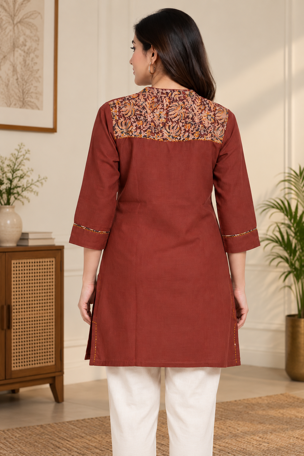 Natural Fab Women’s Rust Brown 100% Cotton Short Kurti with Printed Yoke & 3/4 Sleeves