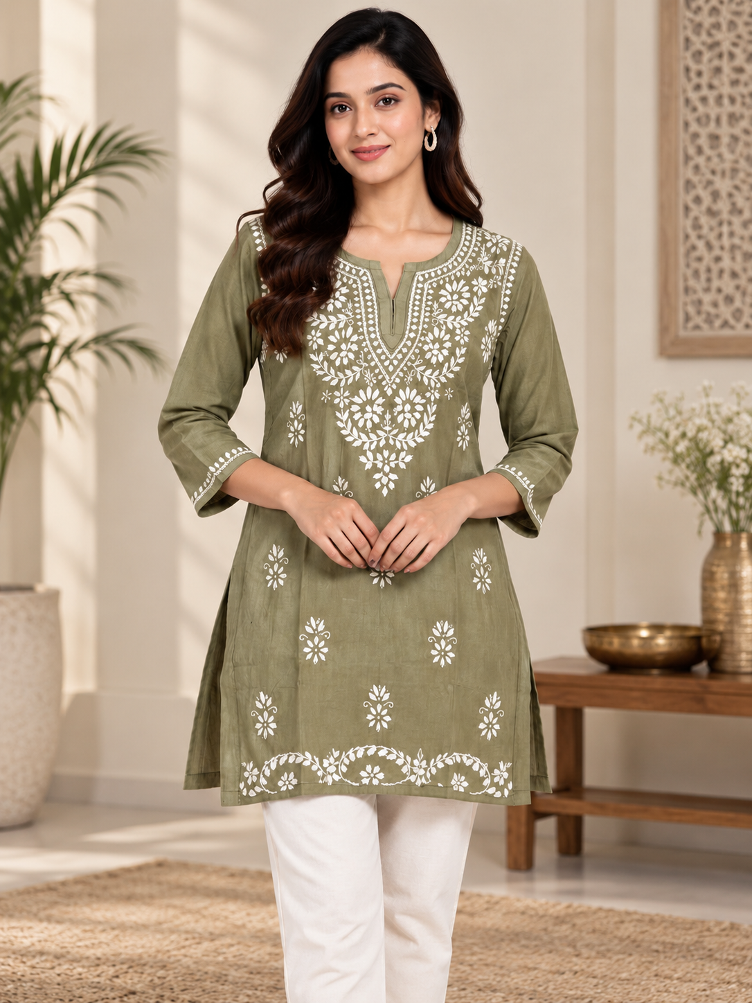 Natural Fab Women’s Olive Green 100% Cotton Chikankari Short Kurti with 3/4 Sleeves