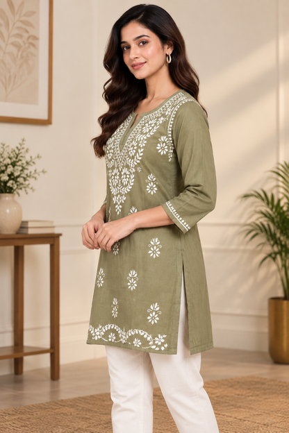 Natural Fab Women’s Olive Green 100% Cotton Chikankari Short Kurti with 3/4 Sleeves