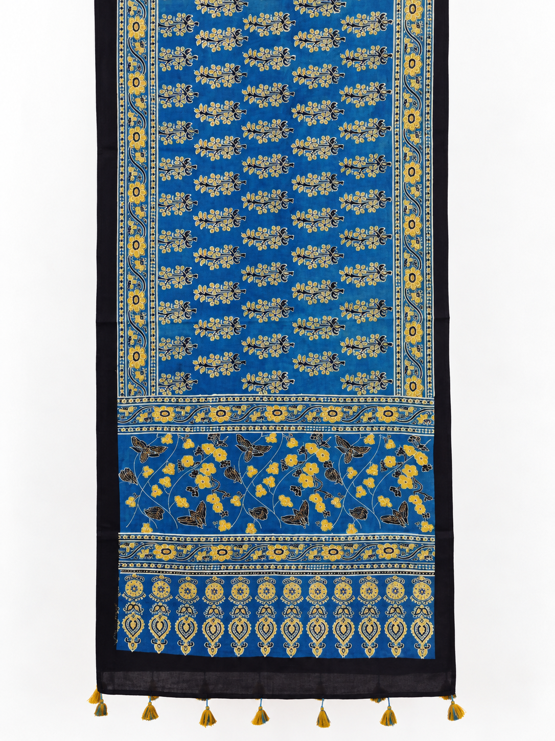 Naturalfab Women’s Blue Ajrakh Pure Modal Silk Stole with Floral Border & Tassels