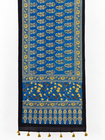 Naturalfab Women’s Blue Ajrakh Pure Modal Silk Stole with Floral Border & Tassels