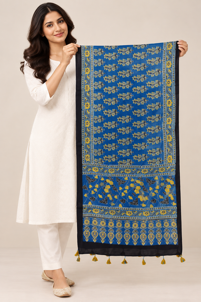 Naturalfab Women’s Blue Ajrakh Pure Modal Silk Stole with Floral Border & Tassels
