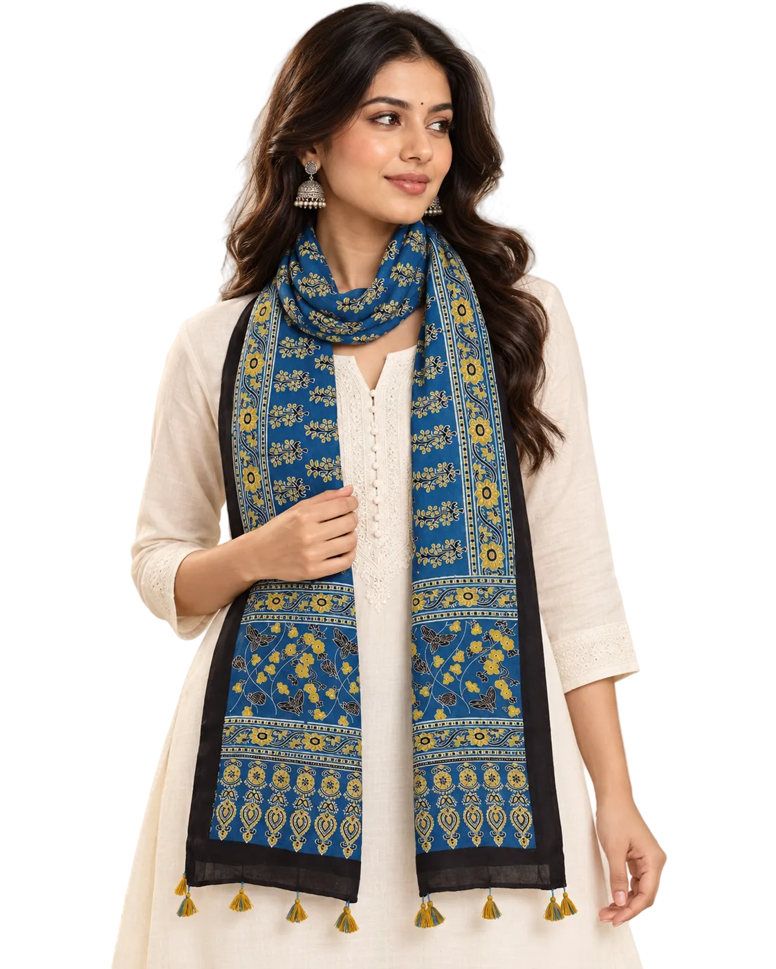 Naturalfab Women’s Blue Ajrakh Pure Modal Silk Stole with Floral Border & Tassels