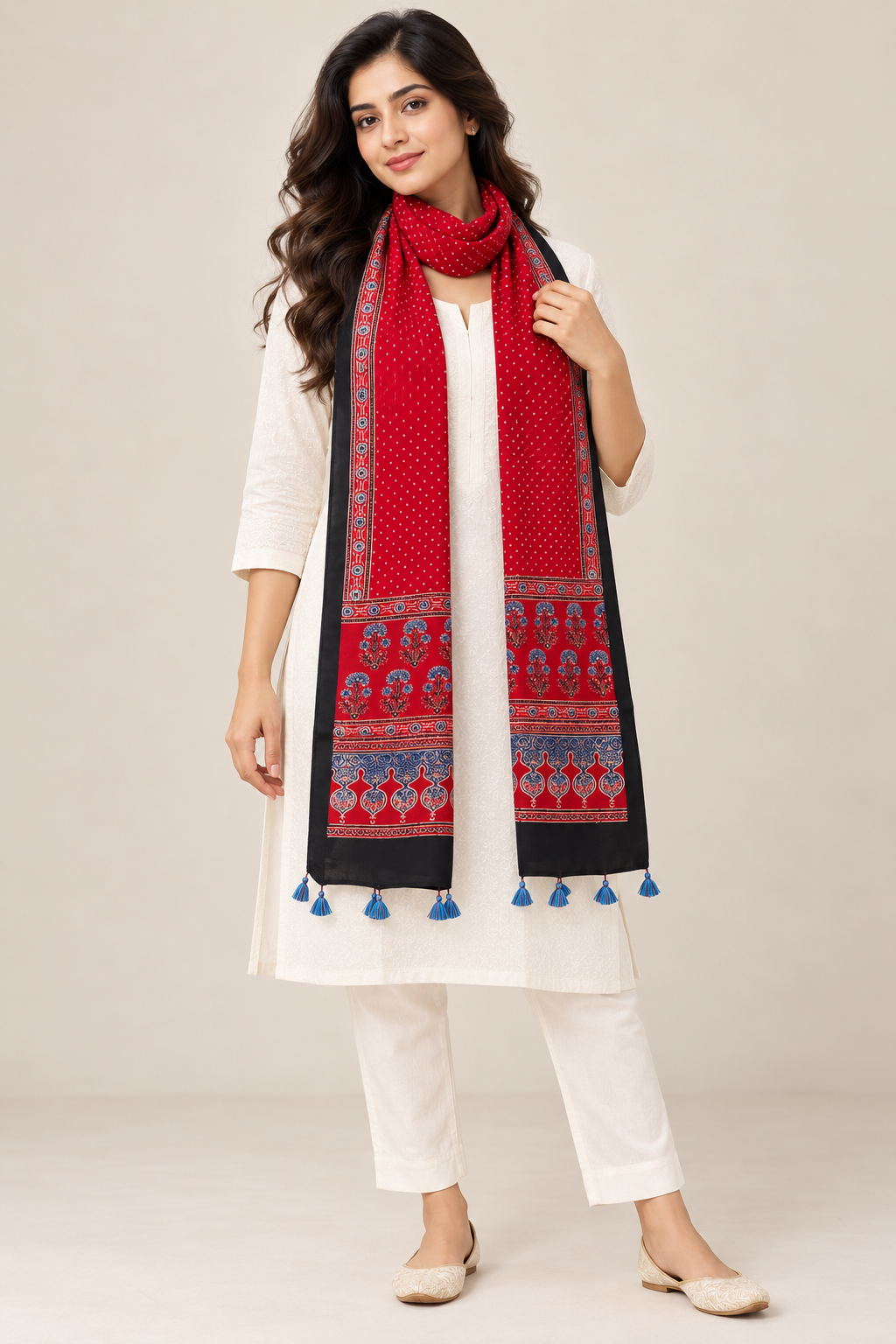 Natural Fab Women’s Pure Modal Silk Ajrakh Stole – Red & Black Traditional Printed Stole with Tassels