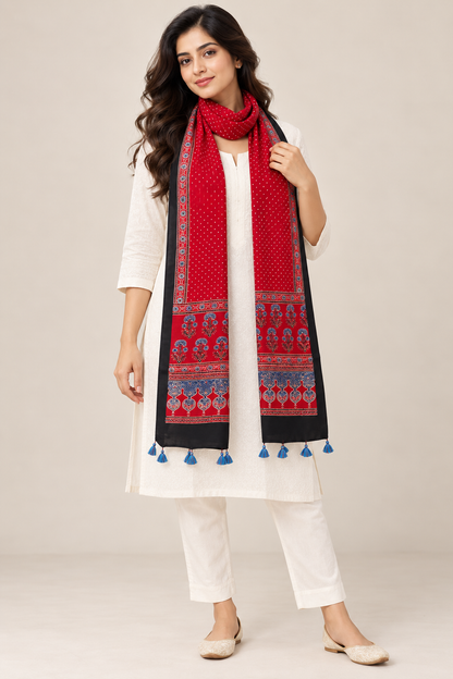 Natural Fab Women’s Pure Modal Silk Ajrakh Stole – Red & Black Traditional Printed Stole with Tassels