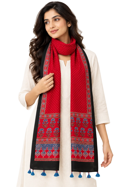 Natural Fab Women’s Pure Modal Silk Ajrakh Stole – Red & Black Traditional Printed Stole with Tassels