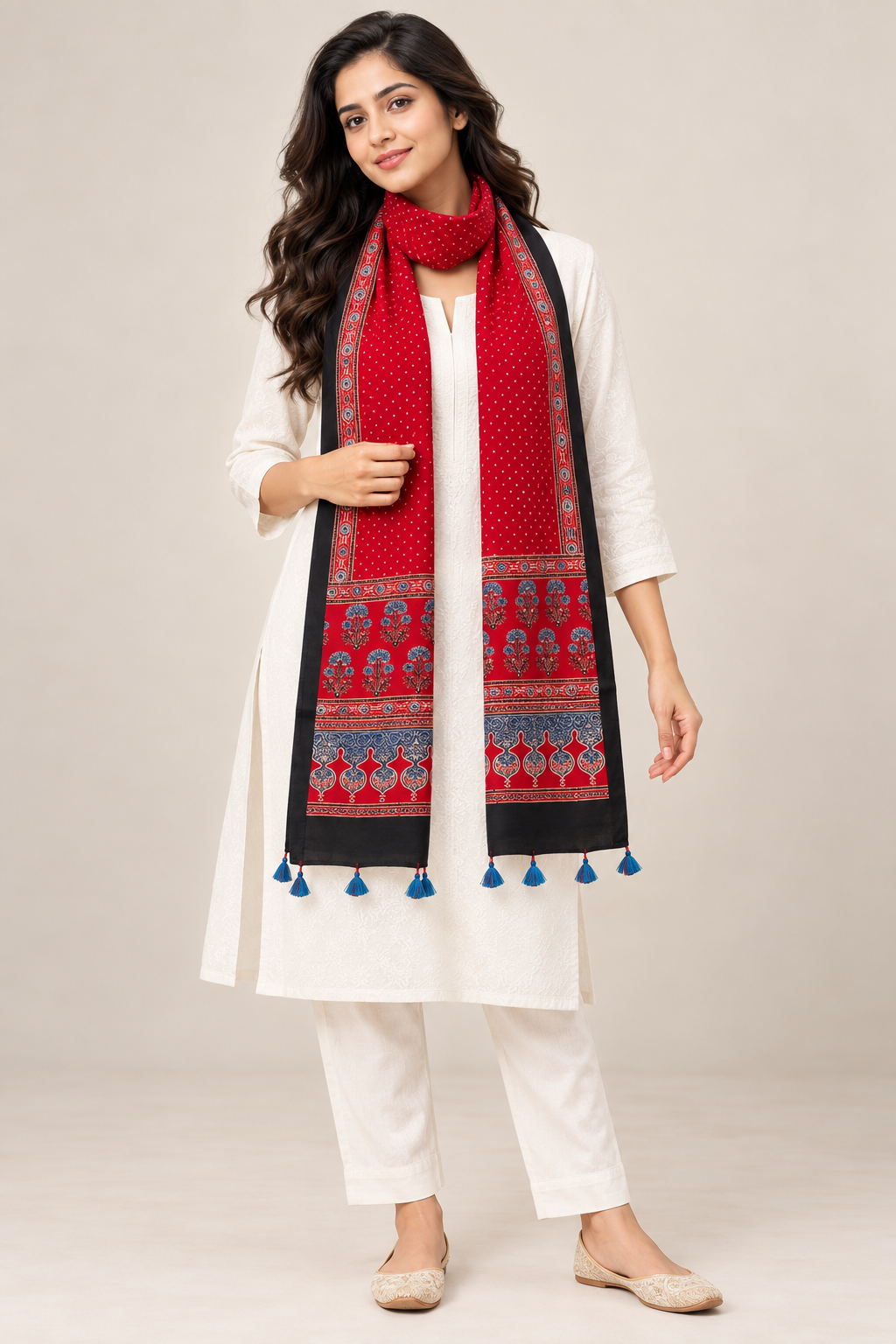 Natural Fab Women’s Pure Modal Silk Ajrakh Stole – Red & Black Traditional Printed Stole with Tassels