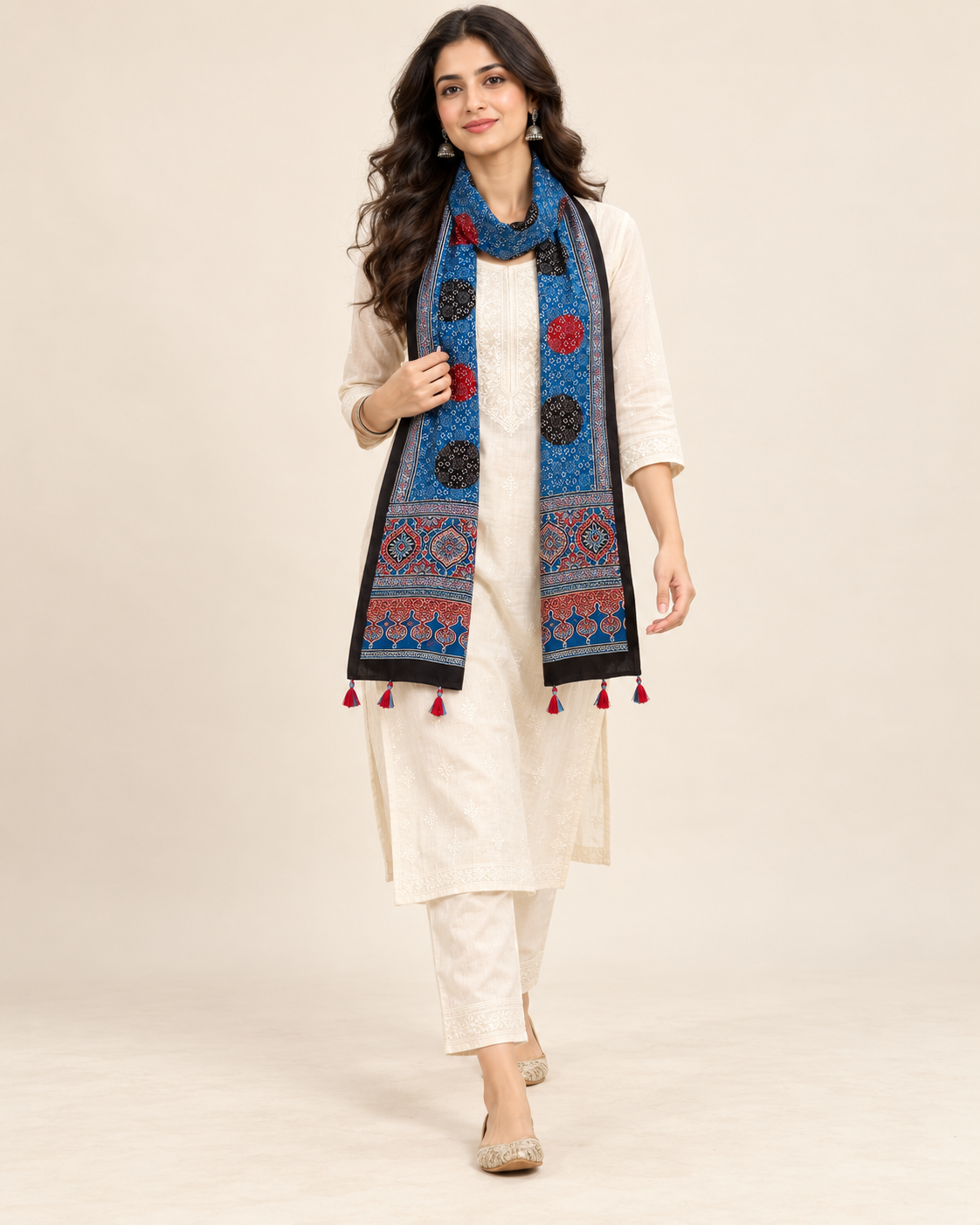 Naturalfab Women’s Blue Ajrakh Pure Modal Silk Stole with Circular Motifs & Tassels