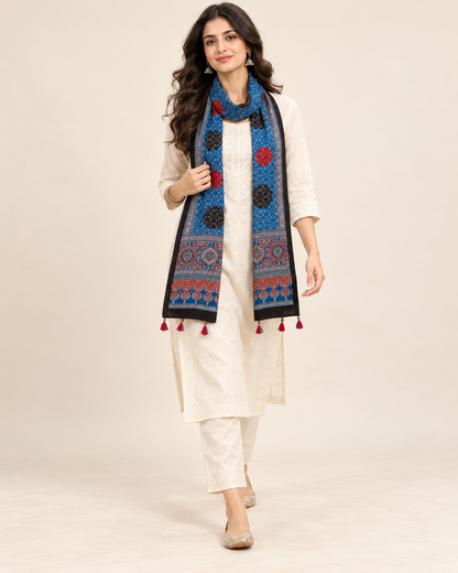 Naturalfab Women’s Blue Ajrakh Pure Modal Silk Stole with Circular Motifs & Tassels