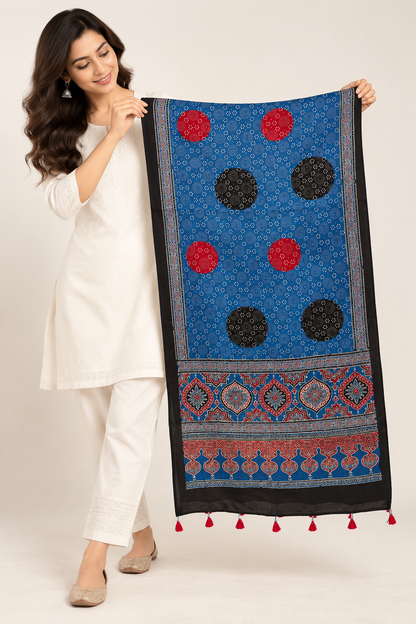 Naturalfab Women’s Blue Ajrakh Pure Modal Silk Stole with Circular Motifs & Tassels