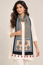 Naturalfab Women’s Beige & Indigo Ajrakh Pure Modal Silk Stole with Tassels