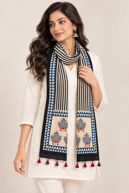 Naturalfab Women’s Beige & Indigo Ajrakh Pure Modal Silk Stole with Tassels