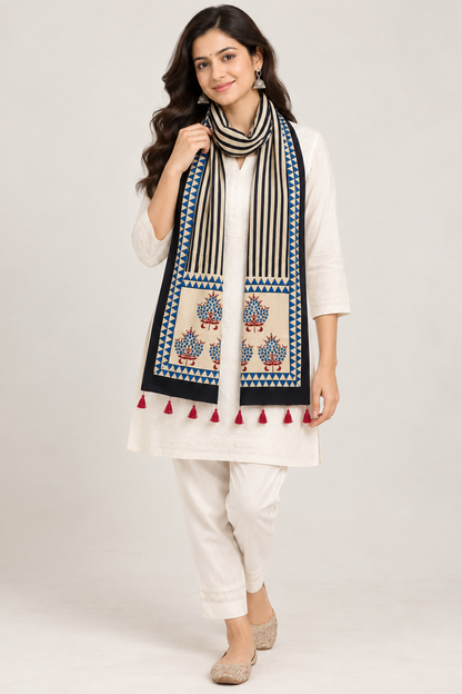Naturalfab Women’s Beige & Indigo Ajrakh Pure Modal Silk Stole with Tassels