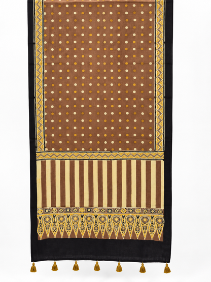 Naturalfab Women’s Pure Modal Silk Ajrakh Stole – Taupe Brown Polka Dot & Striped Stole with Tassels