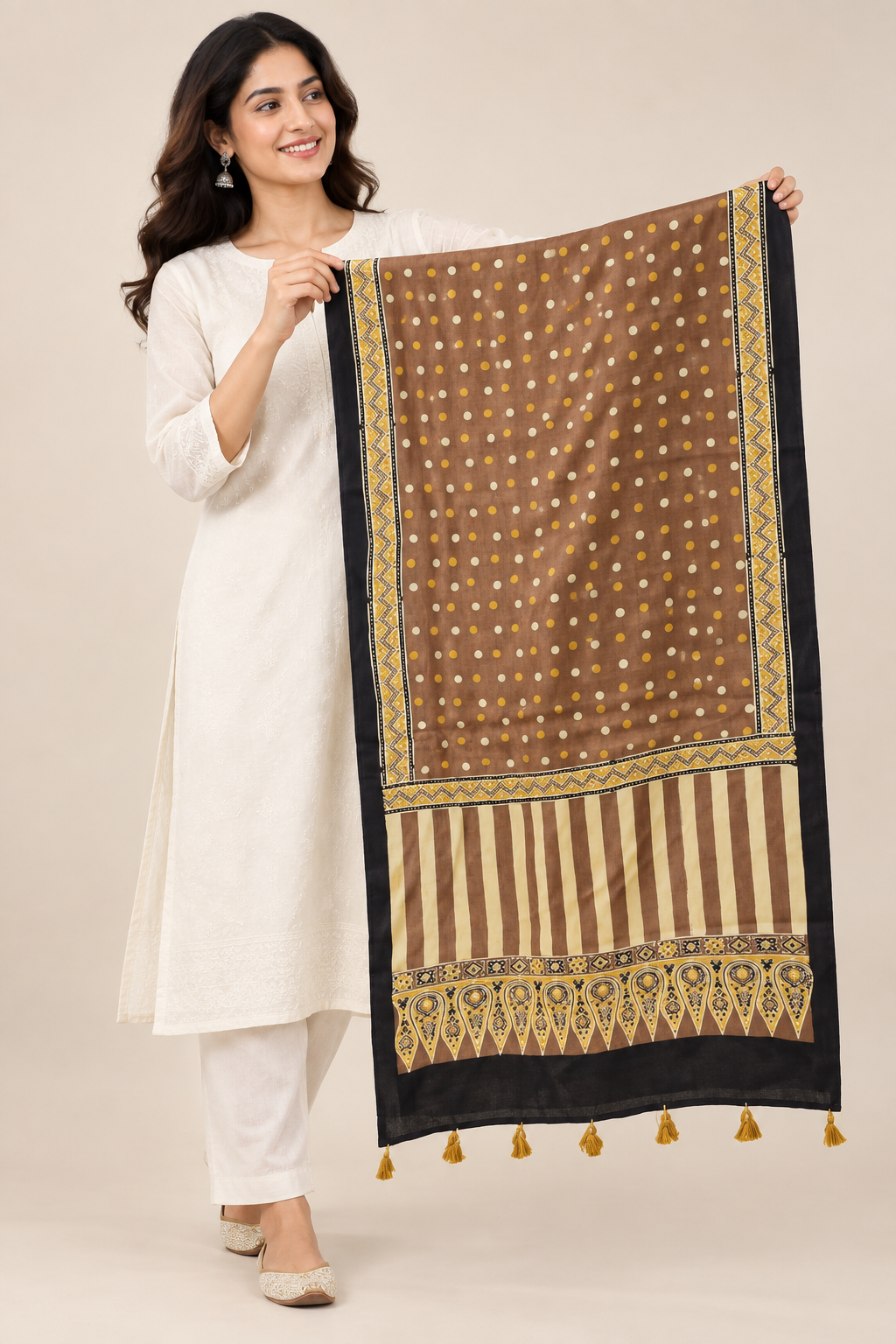 Naturalfab Women’s Pure Modal Silk Ajrakh Stole – Taupe Brown Polka Dot & Striped Stole with Tassels