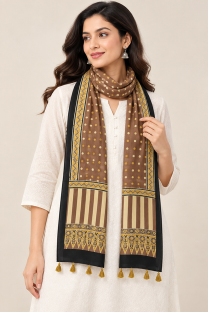 Naturalfab Women’s Pure Modal Silk Ajrakh Stole – Taupe Brown Polka Dot & Striped Stole with Tassels