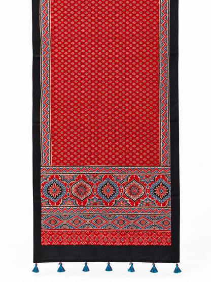 Naturalfab Women’s Red & Black Ajrakh Pure Modal Silk Stole with Tassels