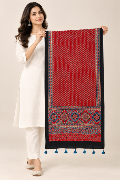 Naturalfab Women’s Red & Black Ajrakh Pure Modal Silk Stole with Tassels