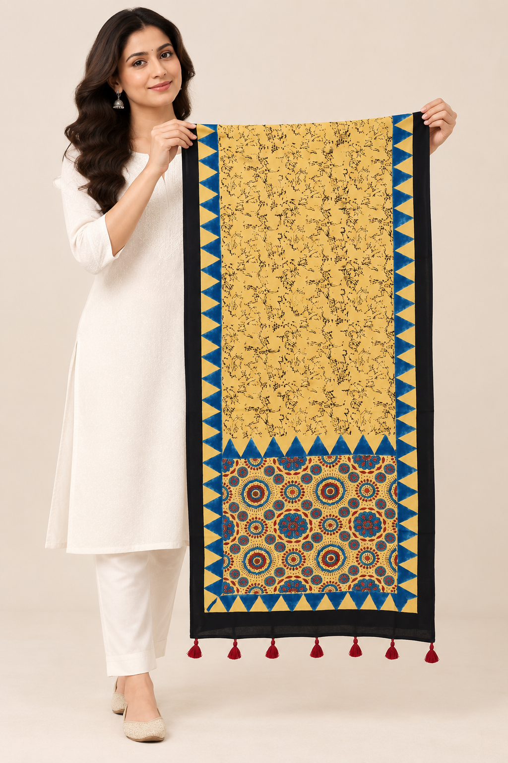 Naturalfab Women’s Beige & Indigo Ajrakh Pure Modal Silk Stole with Tassels