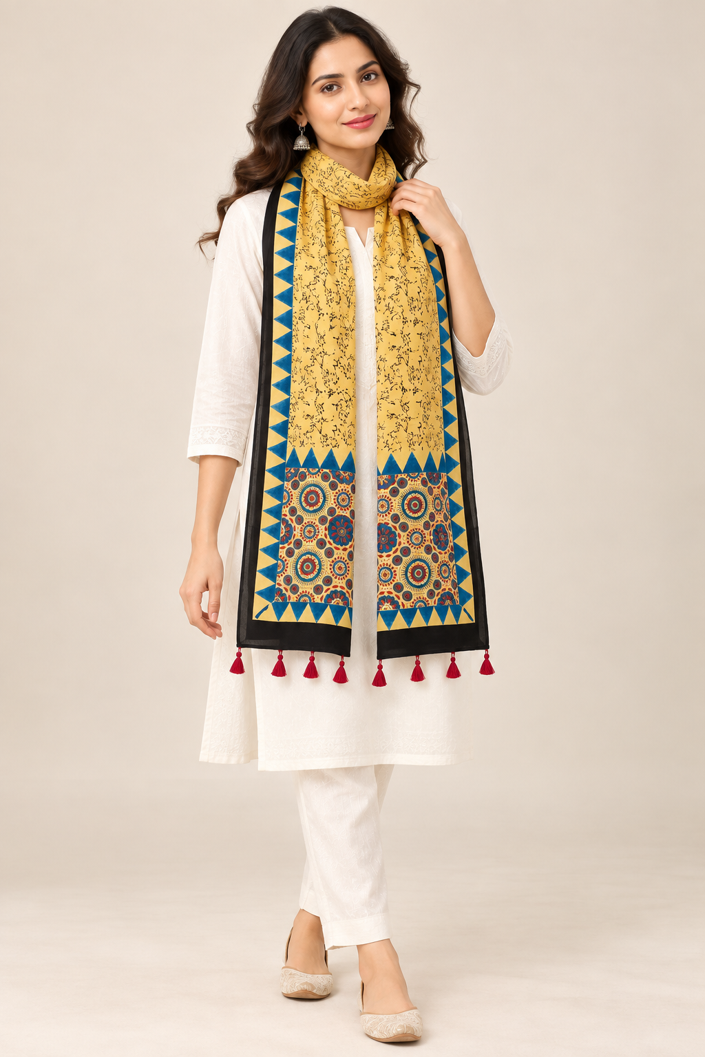 Naturalfab Women’s Beige & Indigo Ajrakh Pure Modal Silk Stole with Tassels