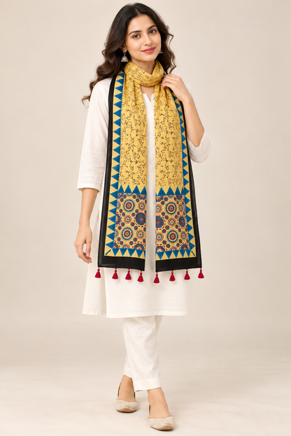 Naturalfab Women’s Beige & Indigo Ajrakh Pure Modal Silk Stole with Tassels
