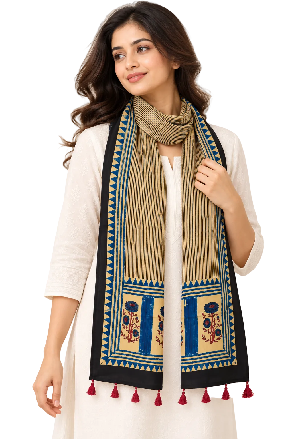 Naturalfab Women’s Beige & Navy Ajrakh Pure Modal Silk Stole with Tassels