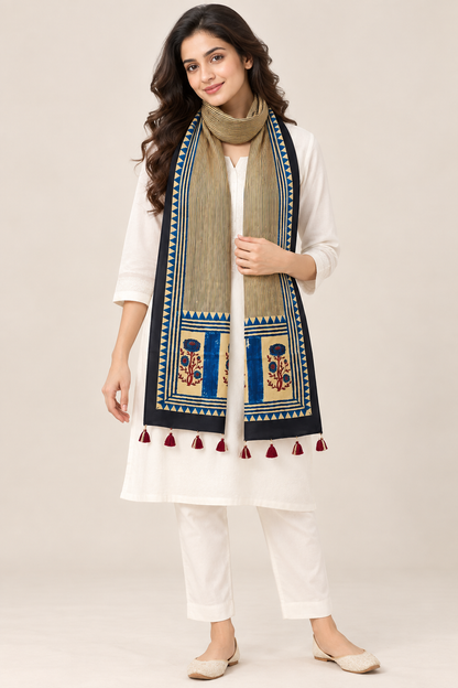 Naturalfab Women’s Beige & Navy Ajrakh Pure Modal Silk Stole with Tassels