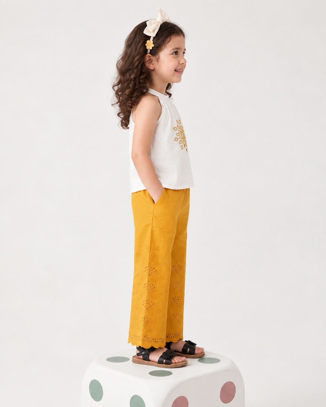 Natural Fab Girls White & Mustard Yellow Co-Ord Set with Embroidered Top & Wide-Leg Pants