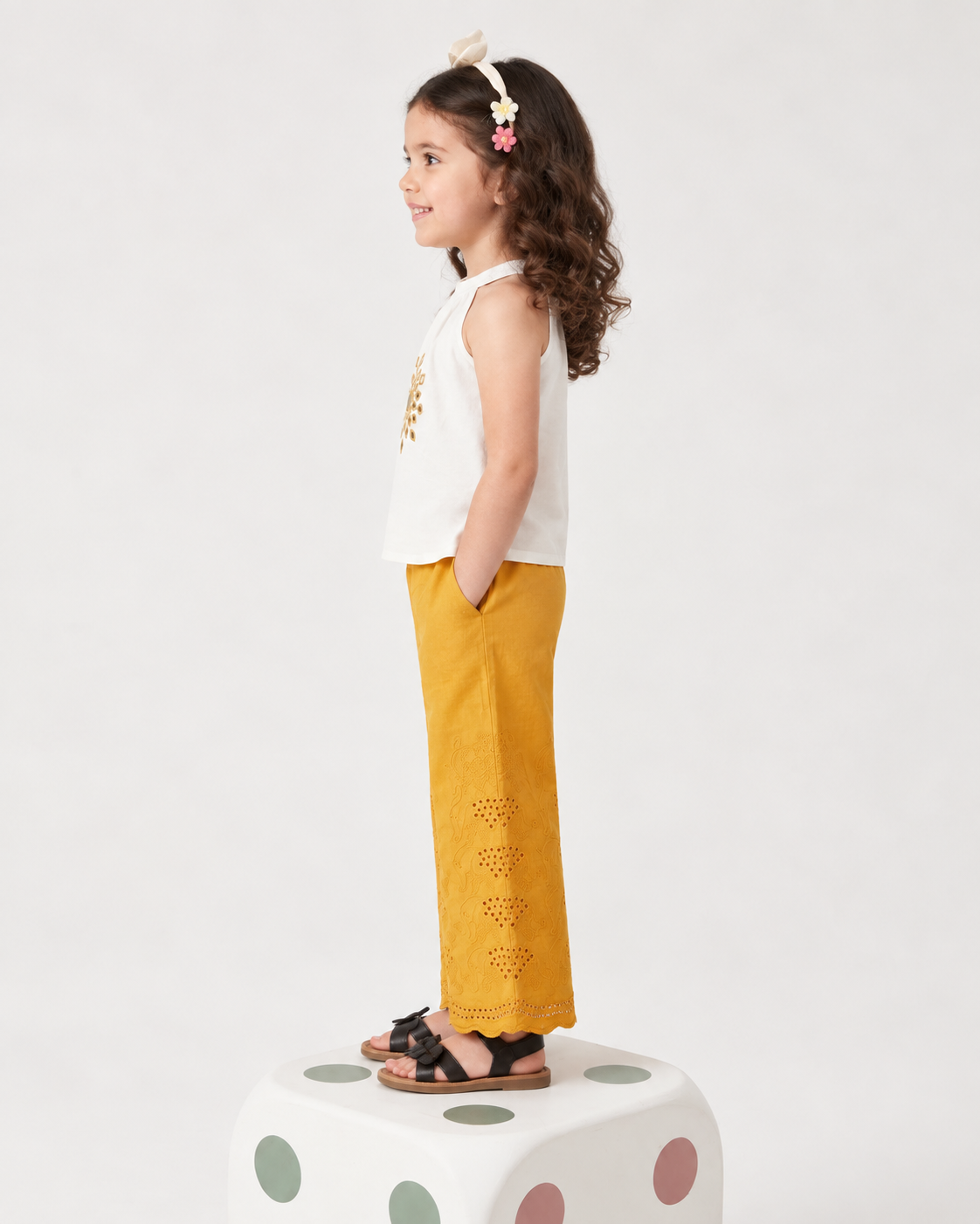 Natural Fab Girls White & Mustard Yellow Co-Ord Set with Embroidered Top & Wide-Leg Pants