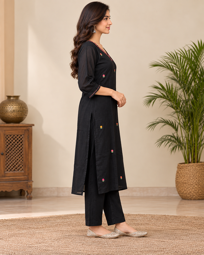 Natural Fab Women Black Embroidered Kurti Pant Set with V-Neck & Multicolor Back Motif