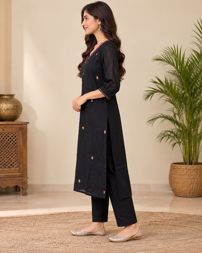 Natural Fab Women Black Embroidered Kurti Pant Set with V-Neck & Multicolor Back Motif