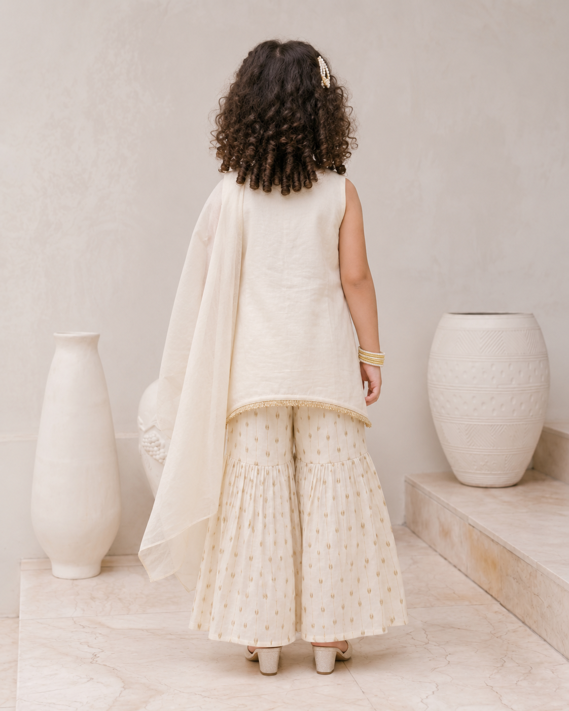 Natural Fab Girls Ivory Sharara Set with Dupatta & Gold Embroidery | Festive Ethnic Wear